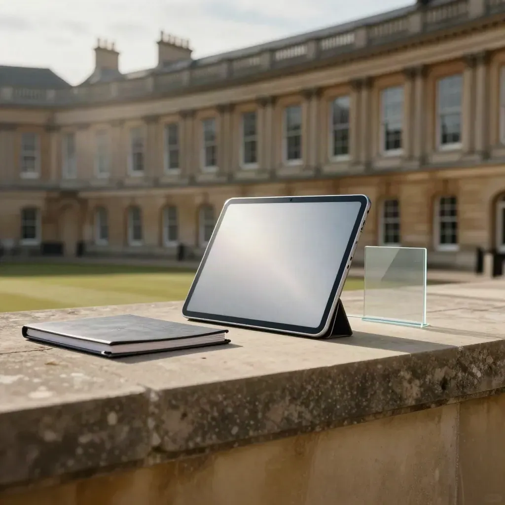 Sunlit limestone courtyard with a silver trading tablet and blurred Georgian windows