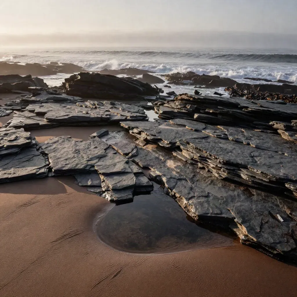 Mist-lit rocky shoreline with stacked stone forms, thin surf and calm copy space below.