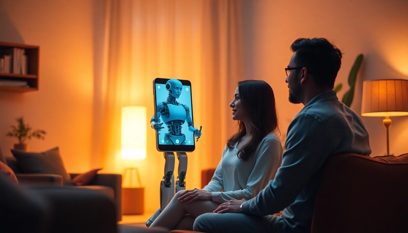 Engaging AI sex scene showcasing a couple interacting with a chatbot on a futuristic device, in a warm atmosphere.