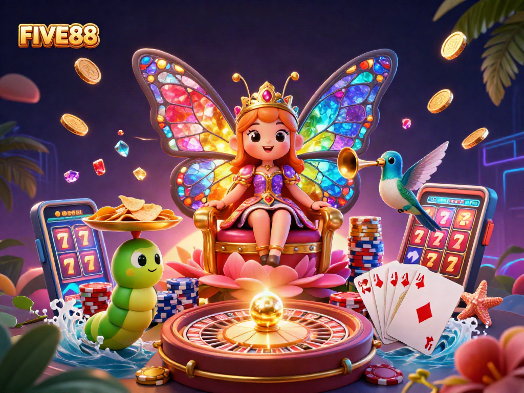 Experience exciting casino games at FIVE88 with vibrant characters and dynamic elements.