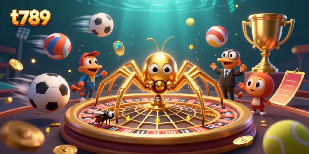 Engage with thrilling casino action at t789 with a golden spider and centipede croupier in an immersive 3D gaming scene.