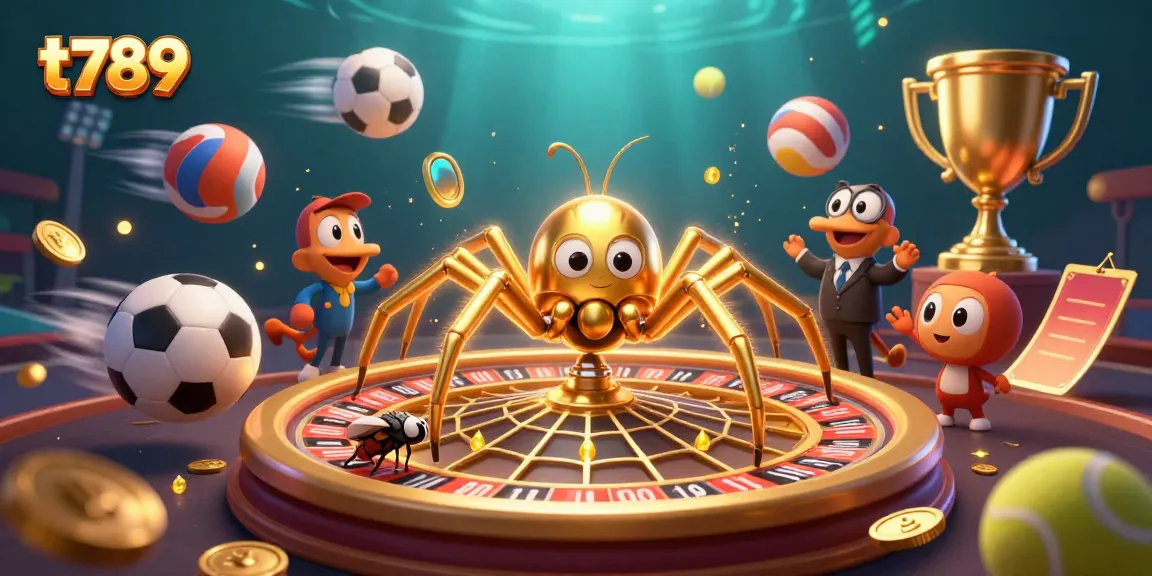 Engage with thrilling casino action at t789 with a golden spider and centipede croupier in an immersive 3D gaming scene.