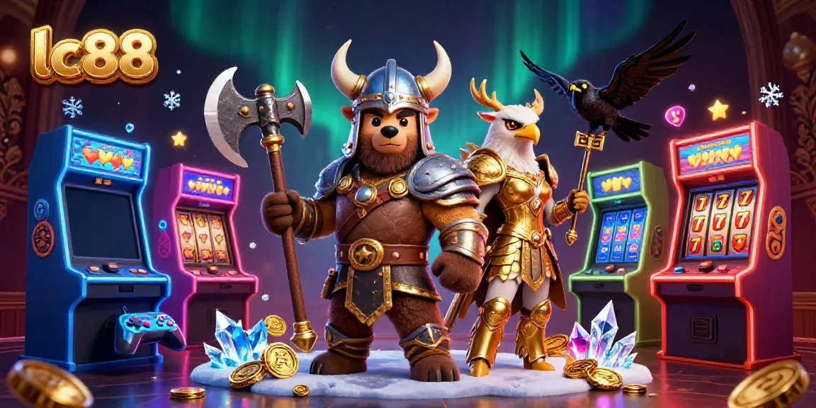 Experience thrilling gameplay at lc88 with a Viking bear and Valkyrie eagle in a vibrant casino scene.