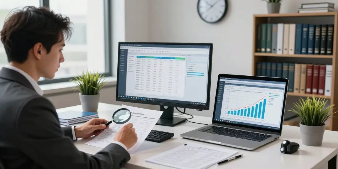 Forensic auditing work at aafikotasurabaya.org, showcasing a detailed analysis of financial documents in a professional workspace.