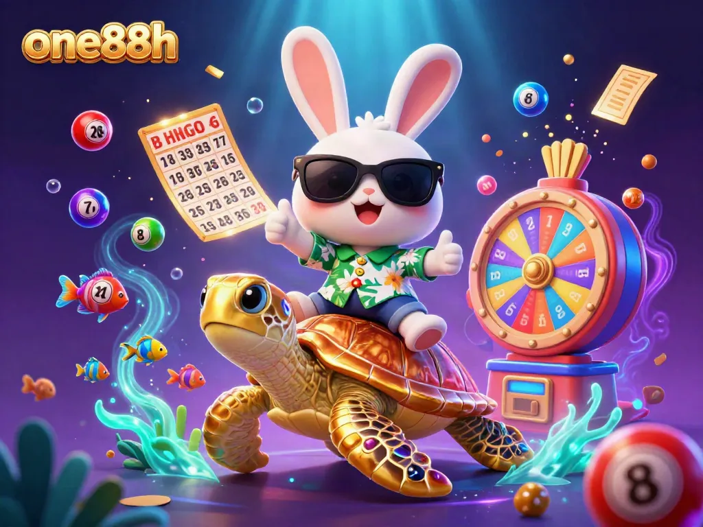 Engage in exciting gaming with one88h in a colorful 3D scene featuring a lucky rabbit.