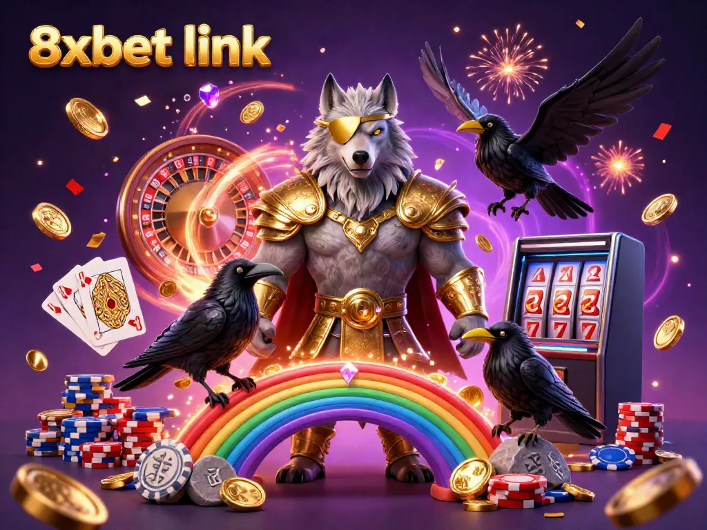 Engage with the vibrant 8xbet link, surrounded by a Norse-inspired Odin, golden coins, and casino elements.