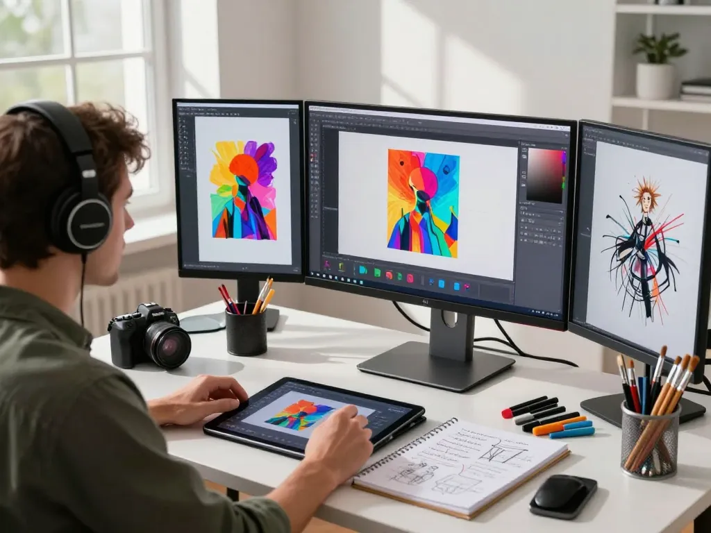 Using an image to prompt generator tool in a bright, modern art studio to create digital art concepts.