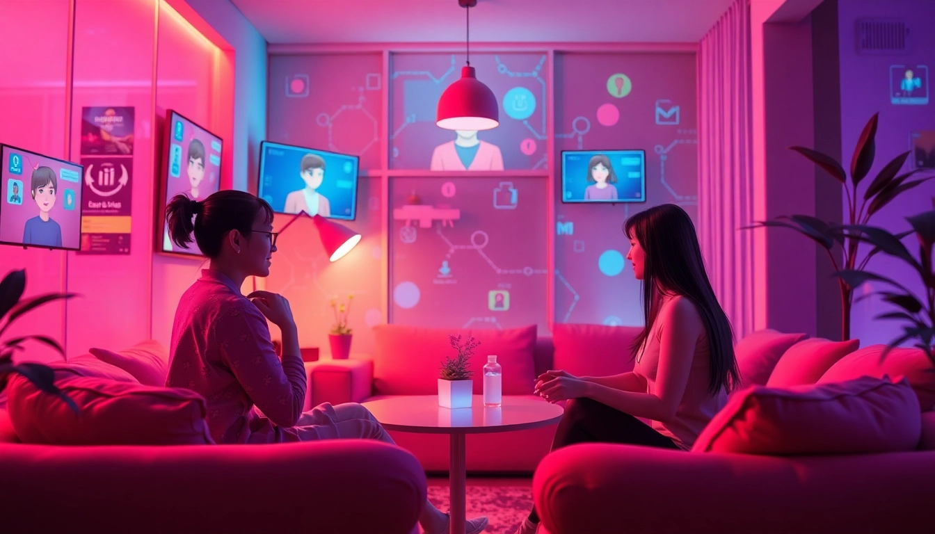 Engaging interaction in a cozy chat space with sex AI avatars and warm lighting.