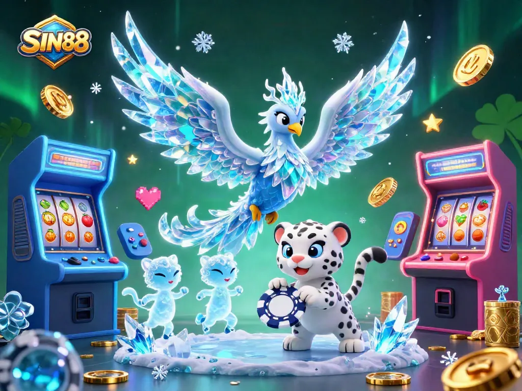 Experience the thrill at SIN88 with a vibrant 3D casino illustration showcasing an ice phoenix, playful elements, and gaming excitement.