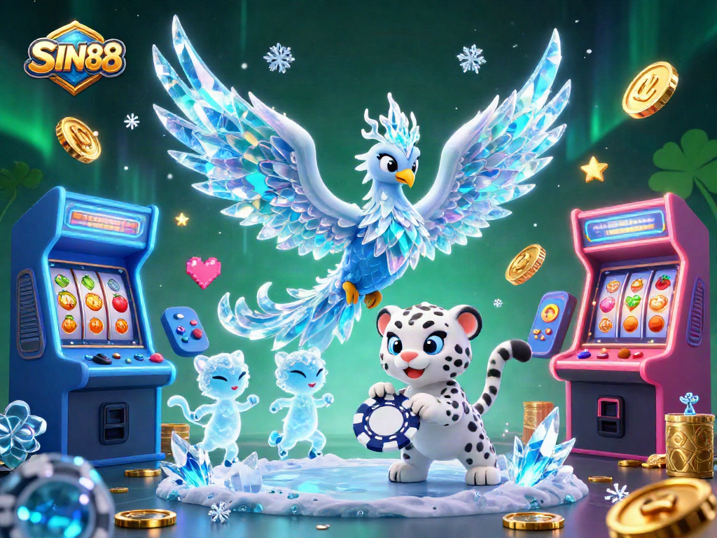 Experience the thrill at SIN88 with a vibrant 3D casino illustration showcasing an ice phoenix, playful elements, and gaming excitement.