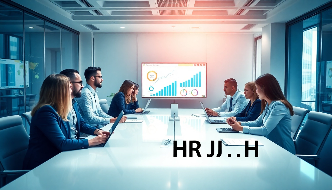 Business professionals discussing Logo J-HR solutions in a modern office setting.