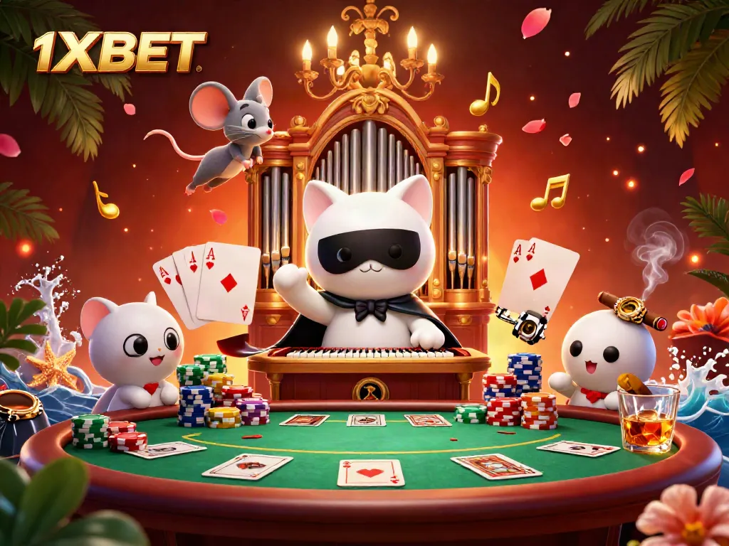 Experience 1XBET's thrilling casino atmosphere with vibrant gaming elements and dynamic characters.