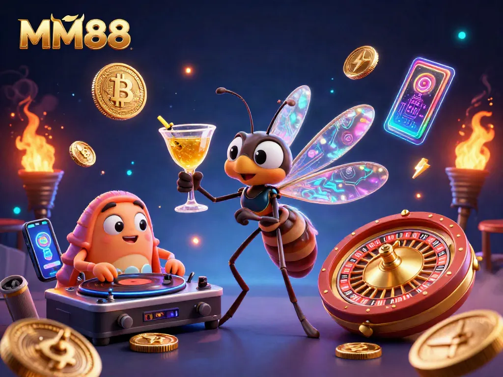 Engage with MM88's captivating 3D casino scene showcasing vibrant characters and crypto elements.