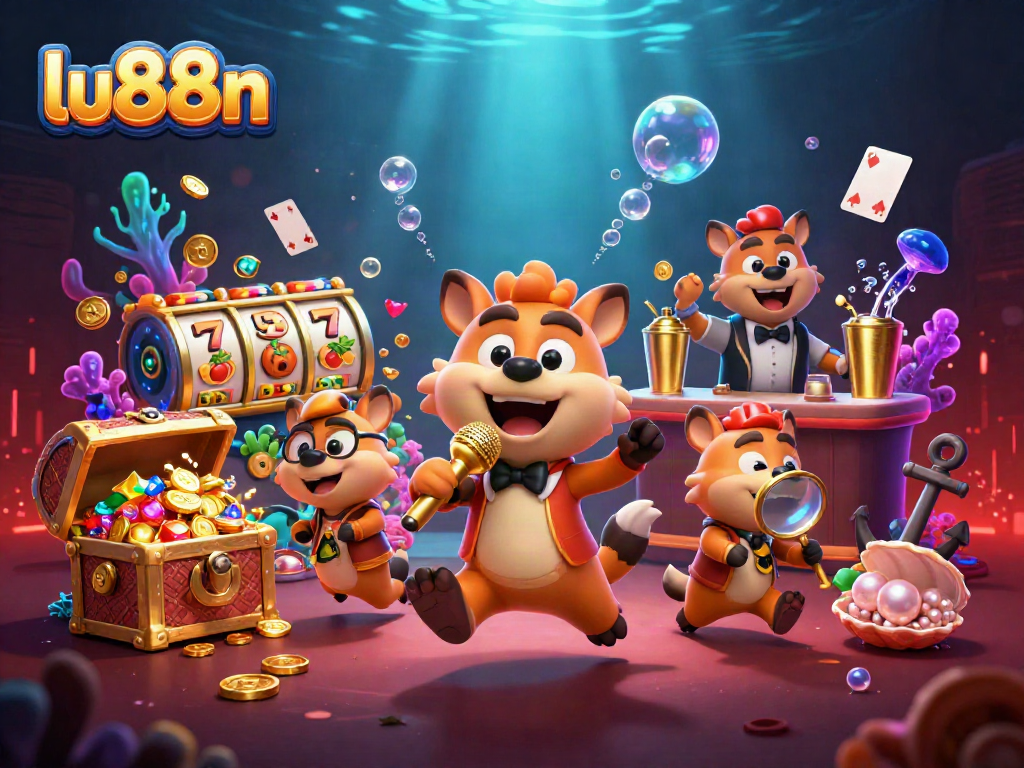 Experience a vibrant casino atmosphere featuring lu88n's comedic hyenas in a packed and dynamic scene.