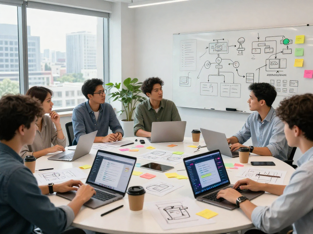 Juicy AI brainstorming session in a modern startup office, with diverse team collaborating.