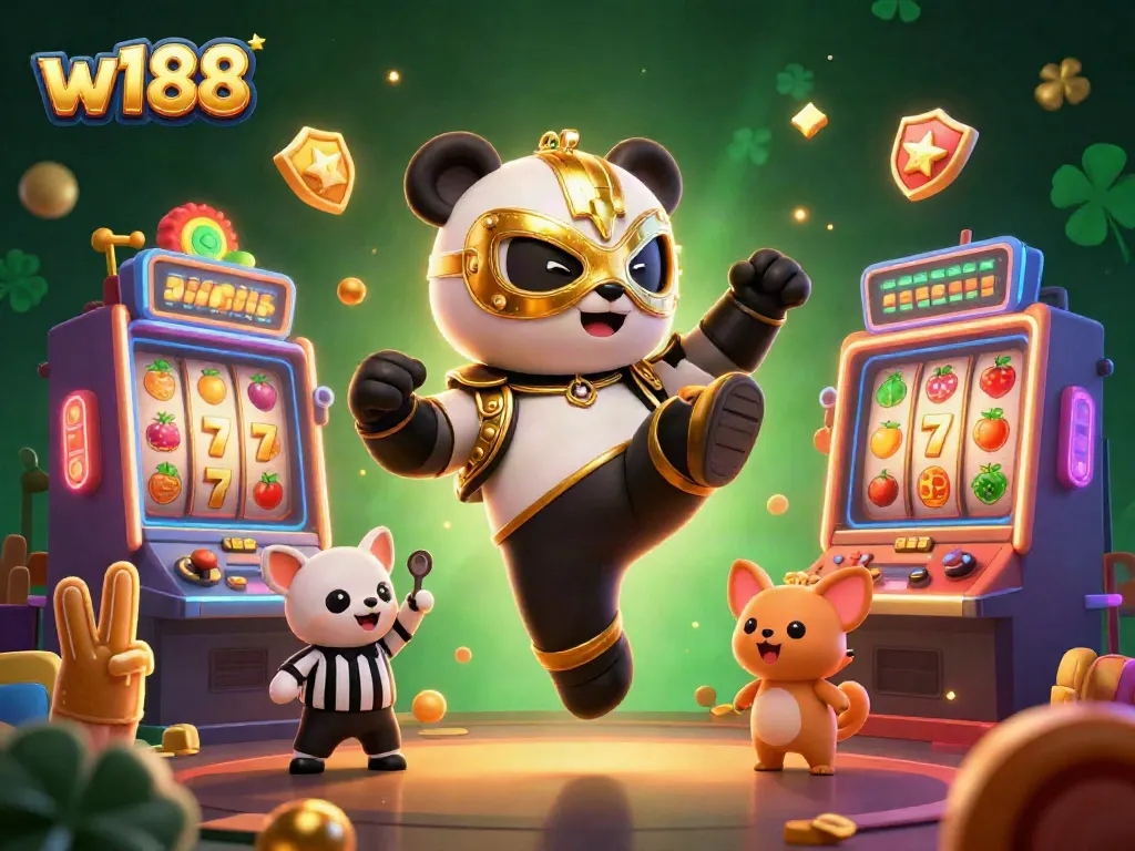 w188 slots action with a wrestling panda and cheering animal spectators in a vibrant, dynamic casino scene