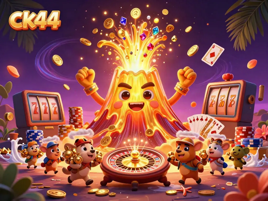 Engage with ck44's vibrant casino atmosphere featuring a golden volcano and treasure elements.