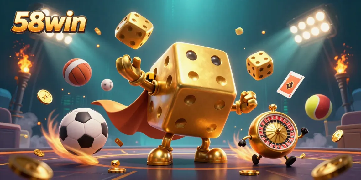 Experience the excitement of 58win with an ultra-detailed scene showcasing vibrant casino and sports elements.