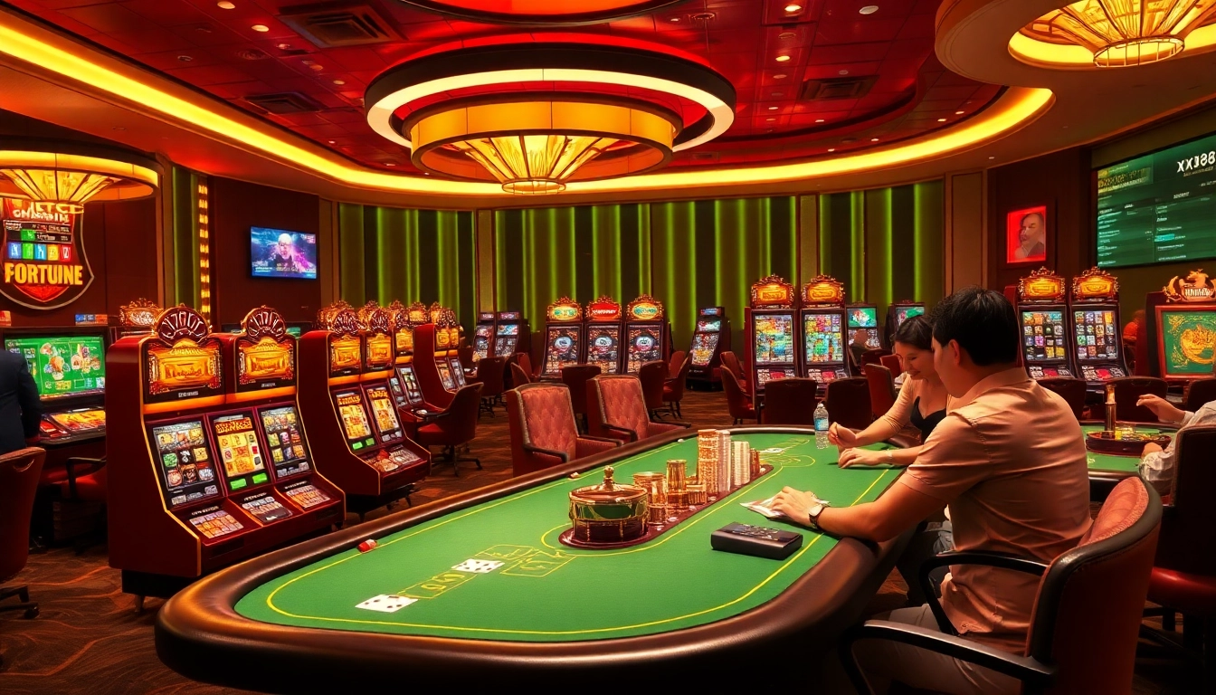 XX88 casino experience with vibrant slot machines and engaged players at luxurious poker tables.