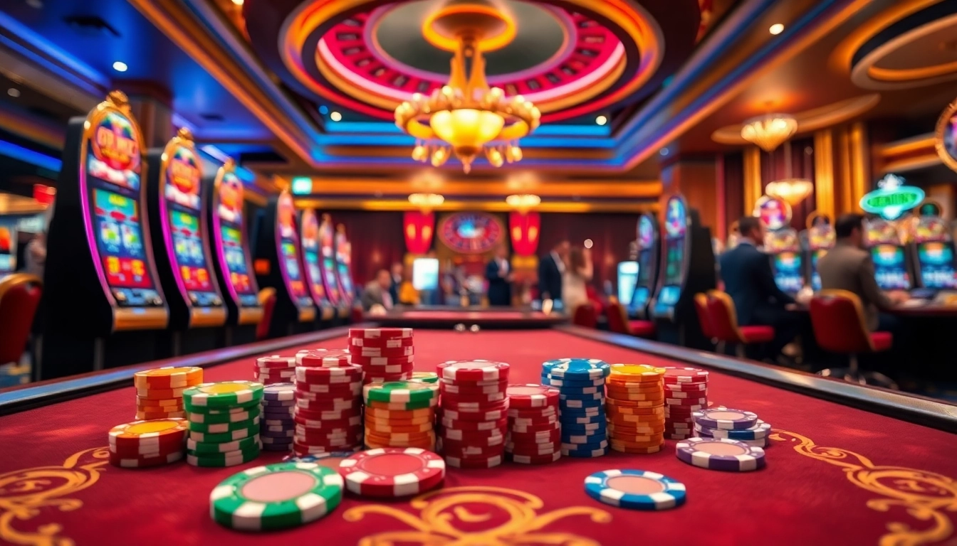 Engaging casino scene showcasing doaslot-themed slot machines and vibrant poker chips amid a lively atmosphere.