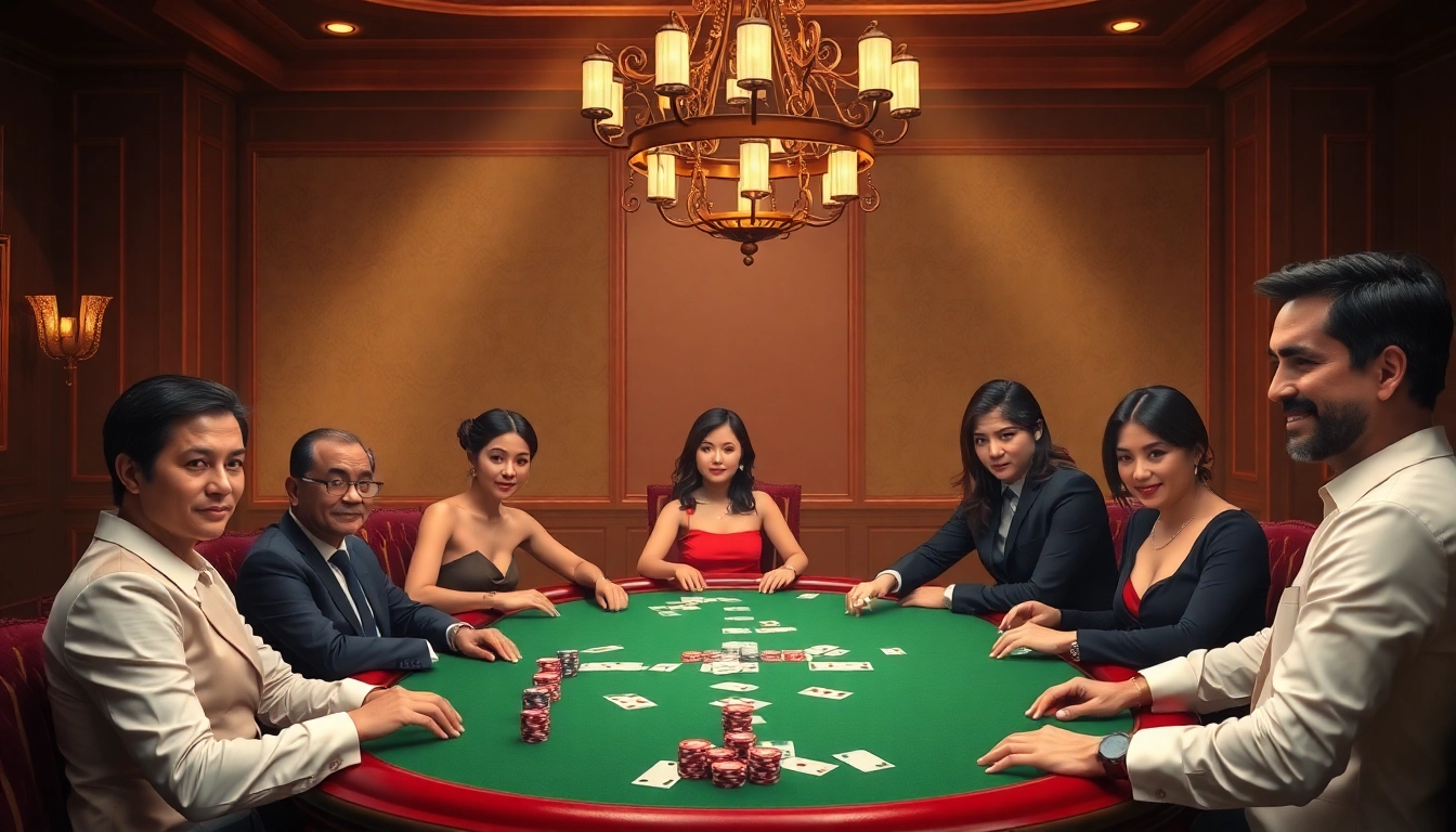 Experience high-stakes poker at RR88 with vibrant chips and elegant players engaged in the game.