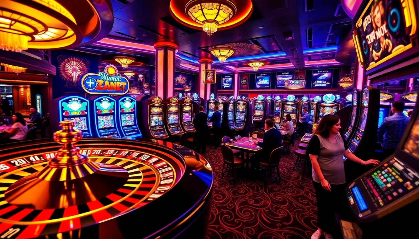 Players enjoying immersive games at zbet. com with engaging tables and flashy slot machines.