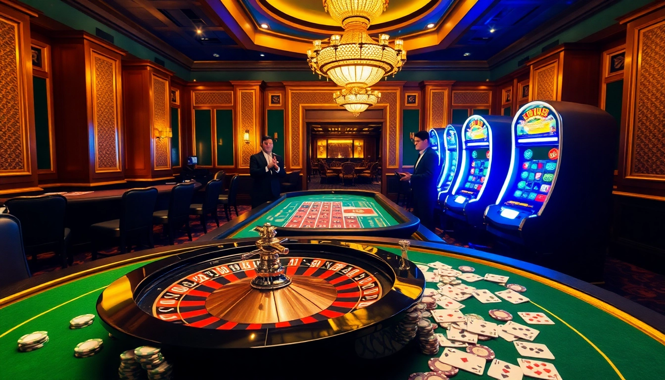 Engage with the thrilling atmosphere of https://jun88buzz.info/ featuring a vibrant casino scene with roulette, cards, and players.