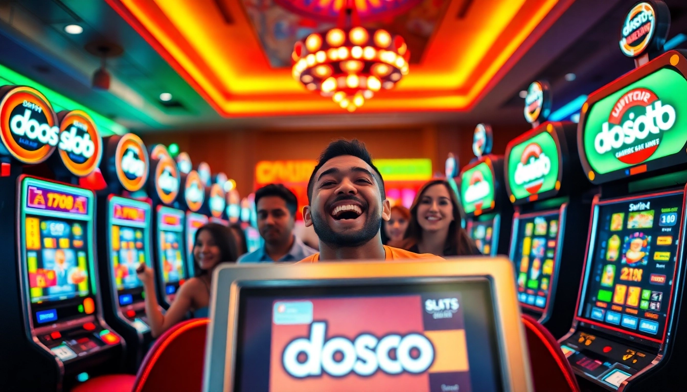Excited players enjoying doaslot branded slot machines in a vibrant online casino setting.