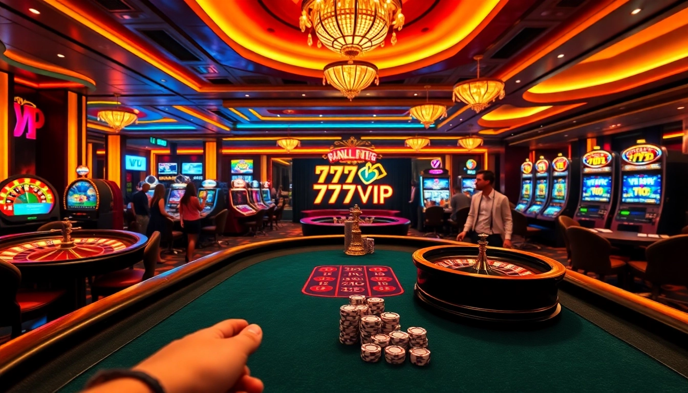 Experience high-stakes excitement at 777VIP casino with vibrant gaming tables and poker chips.