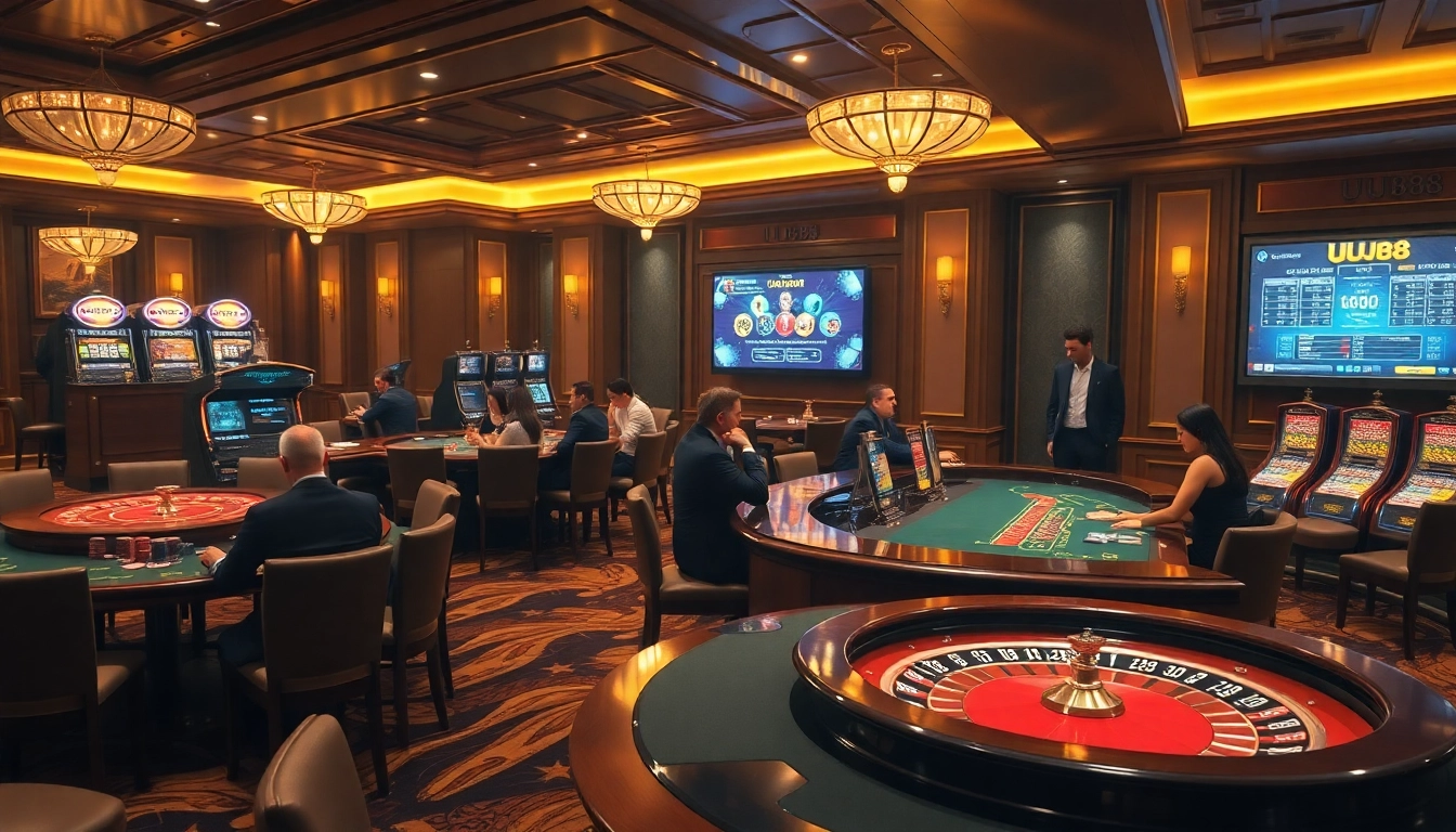 Experience the excitement of gambling at UU88 with elegant casino tables and vibrant slot machines.