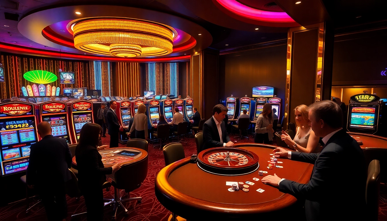KJC players engaging at an upscale casino with slot machines, poker tables, and roulette.