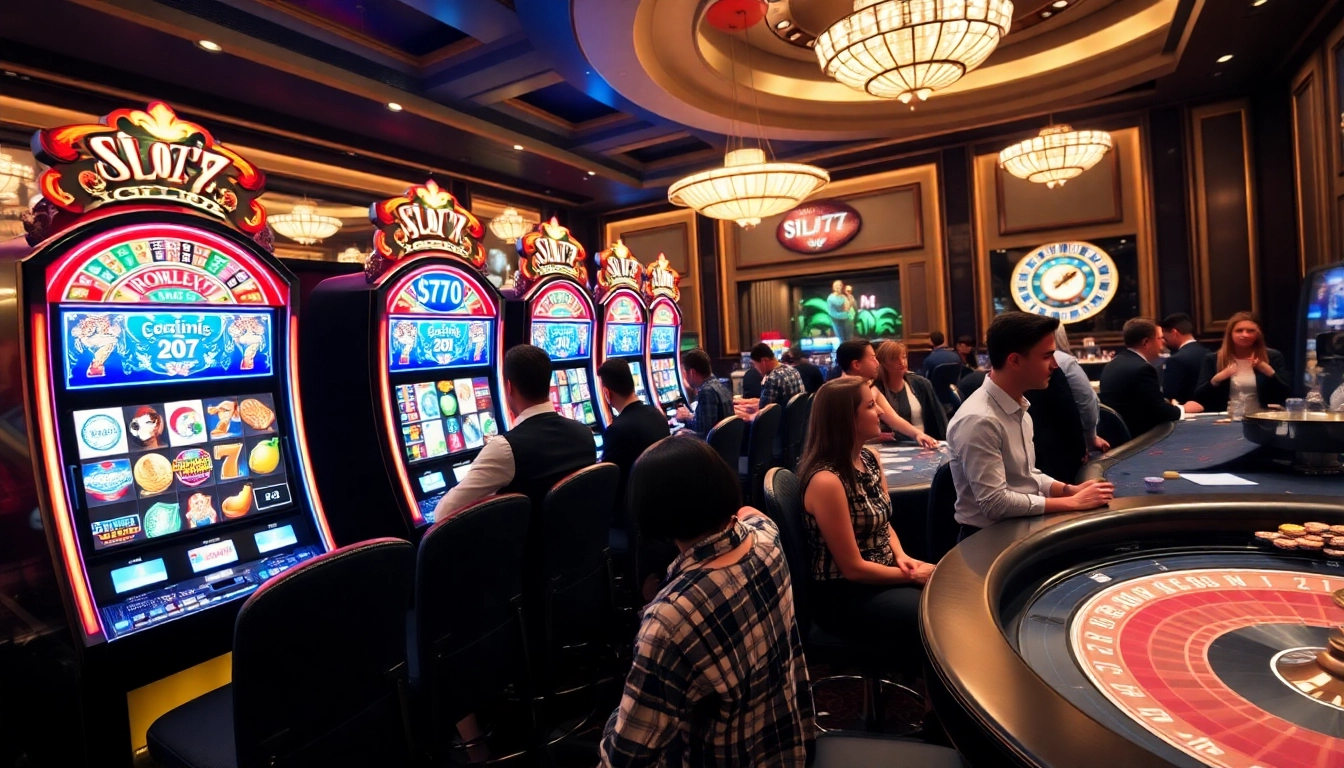 Players engaging with Slot777 slot machines in a luxurious casino atmosphere.