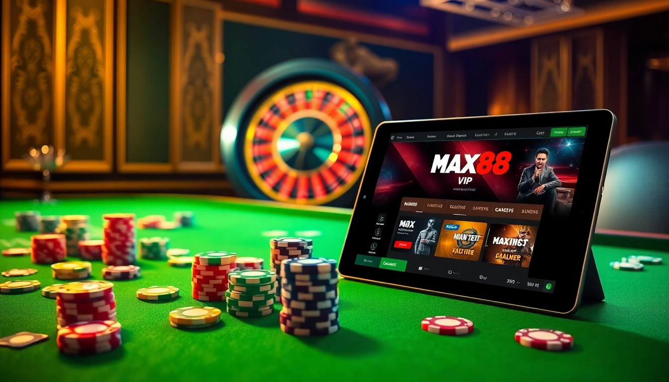 Engaging scene of max88 vip gambling with vibrant casino elements and a luxurious ambiance.