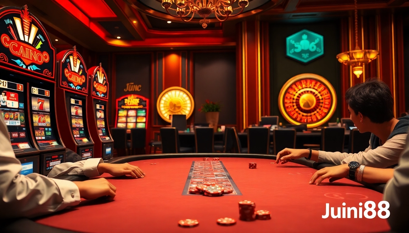 Jun88 players strategizing at a dynamic poker table in a vibrant casino setting.