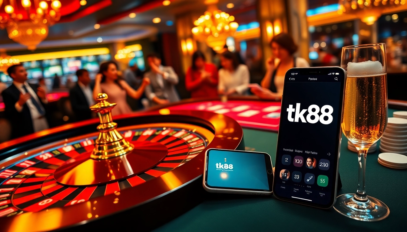 tk88 online gamblers enjoying a vibrant casino scene with roulette and gaming tables