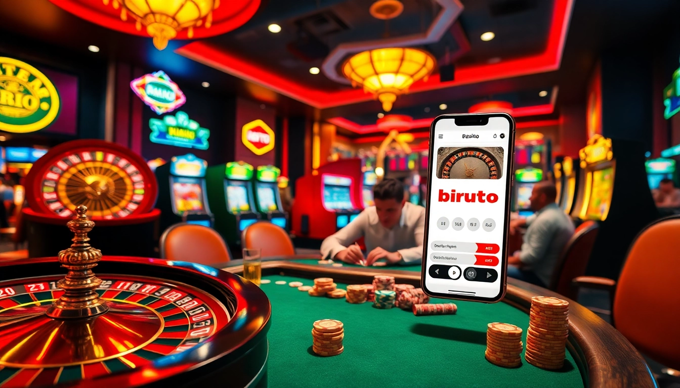 Experience the excitement of birutoto gaming in a luxurious casino setting with roulette, poker, and vibrant slot machines.