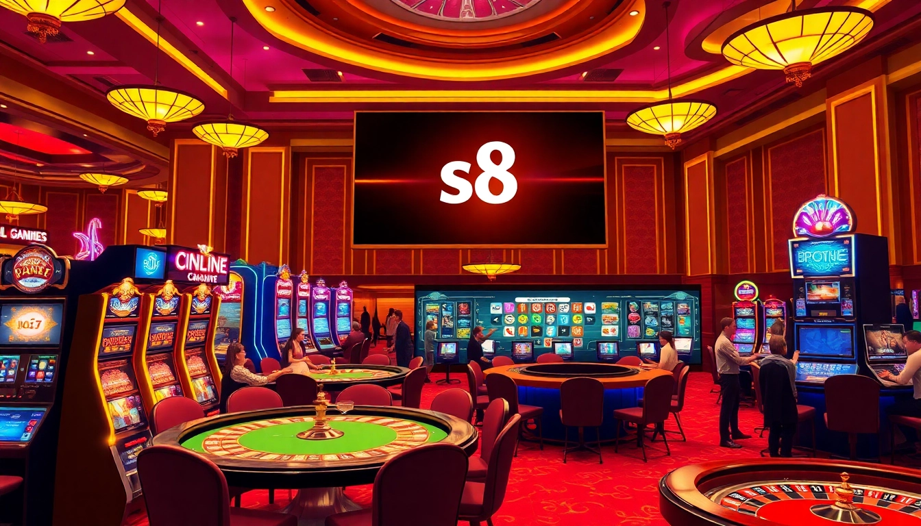Gamblers experience the excitement of s8 at a luxurious casino with vibrant gaming tables and slot machines.