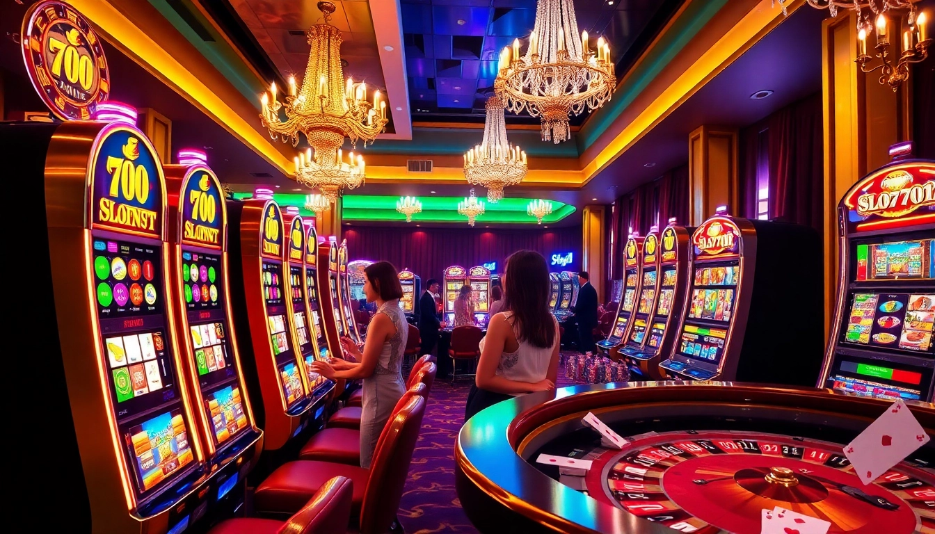 Experience the thrill of Slot777 slot machines in a luxurious casino setting with vibrant gaming elements.