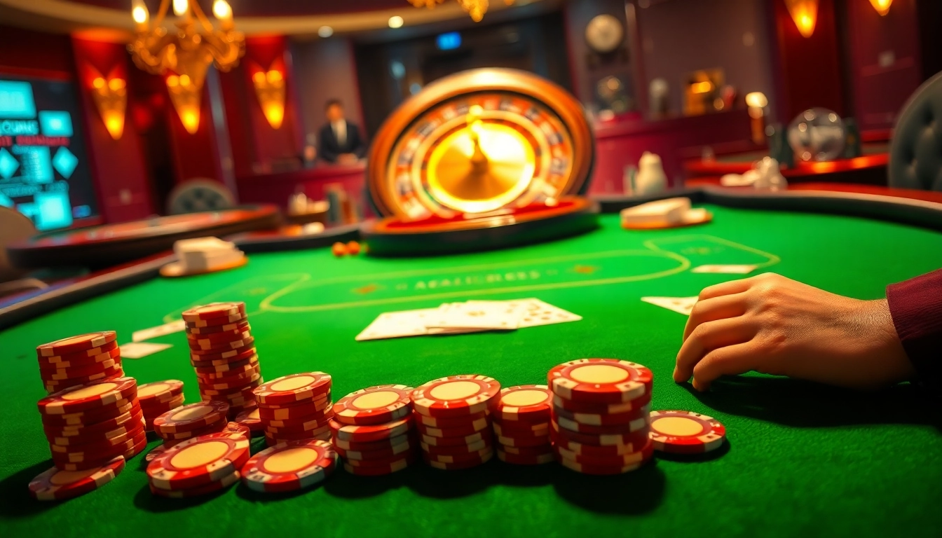 Exciting GK88 casino scene with a high-stakes poker table and roulette wheel.