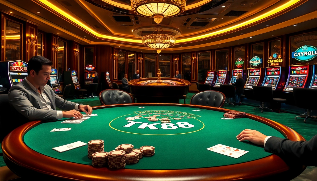 Experience thrilling moments at TK88 Casino with poker tables, roulette wheels, and slot machines.