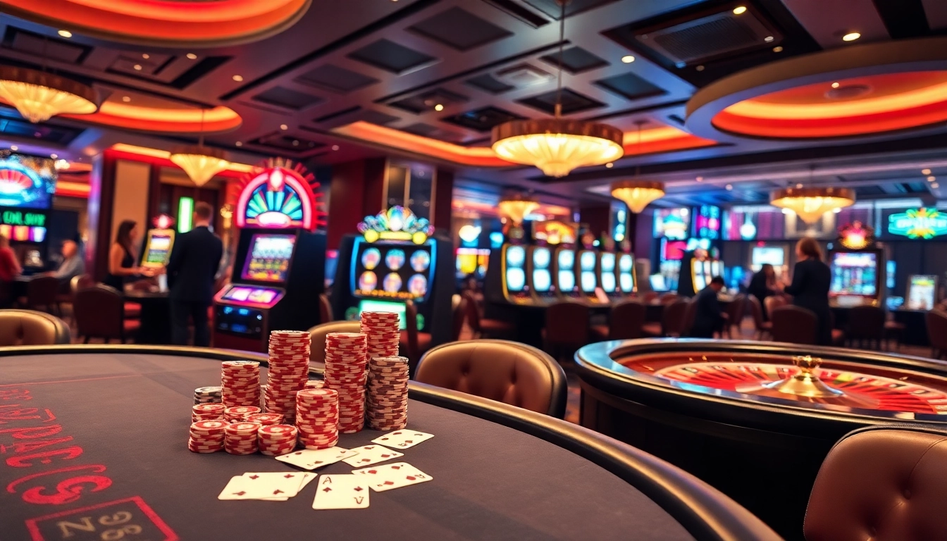 SODO66 poker table with high stakes and colorful slot machines in a luxurious casino setting.