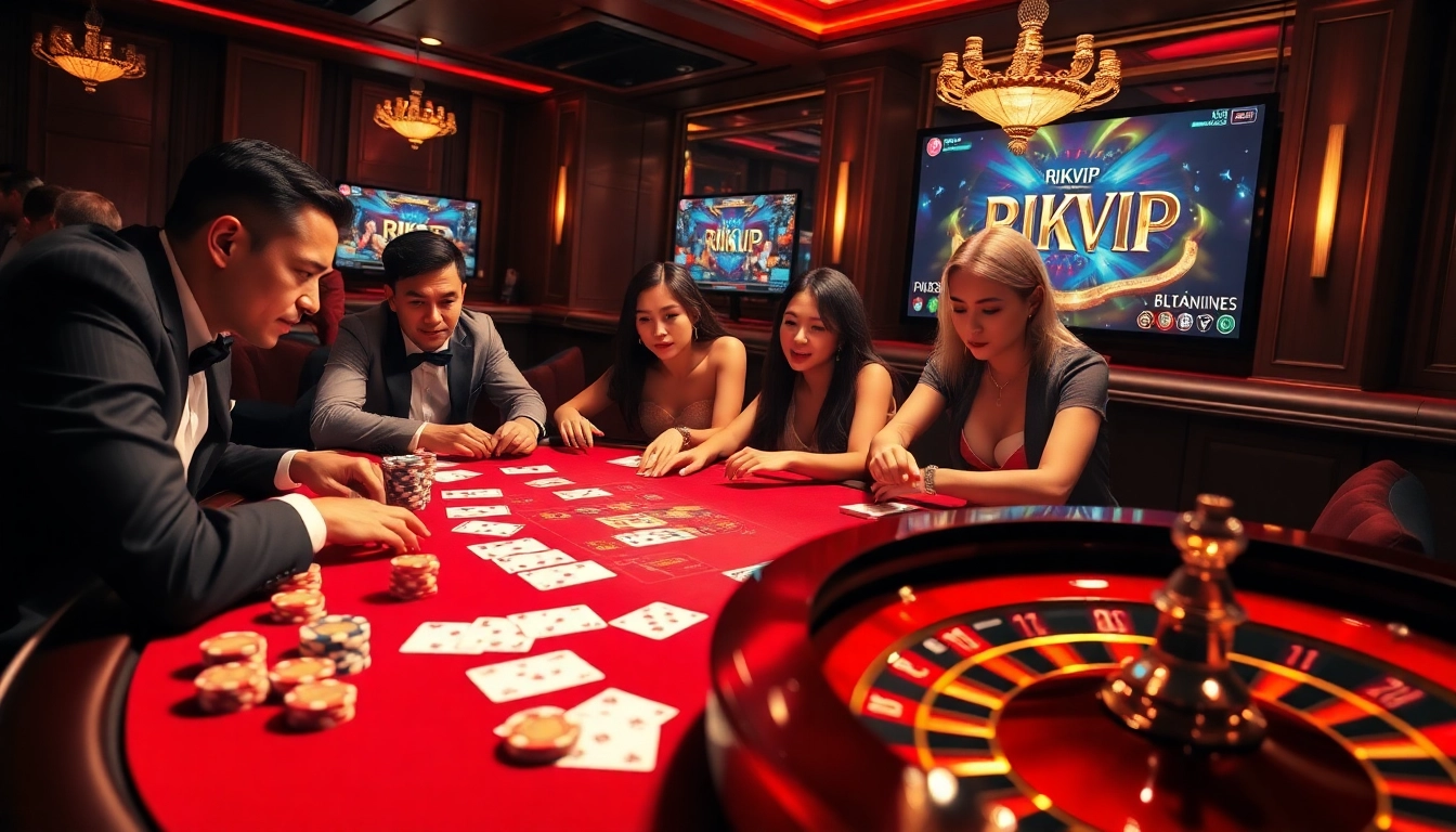 Players enjoying a vibrant game at RIKVIP's online casino, featuring poker and roulette elements.