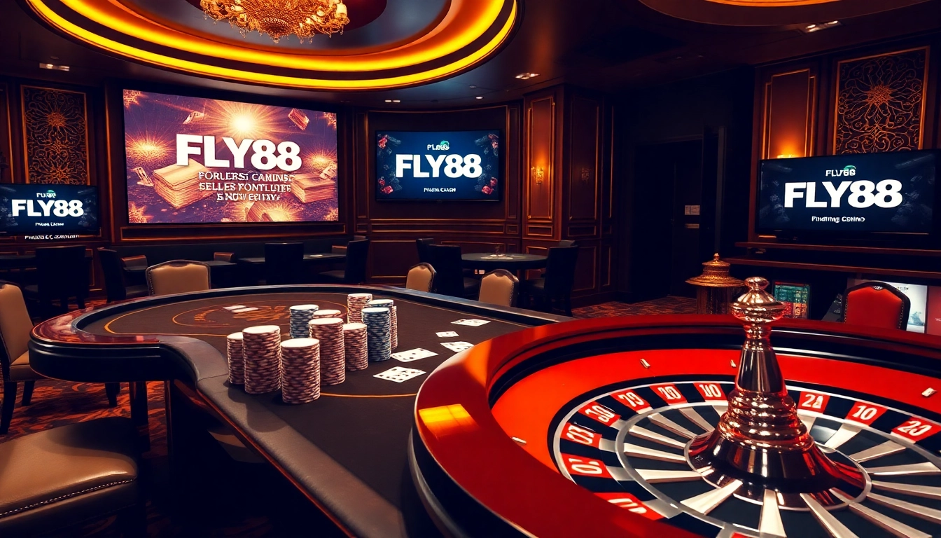 FLY88 poker game scene with luxurious atmosphere and high-stakes excitement.