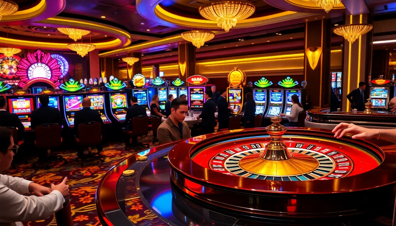 SUNWIN casino scene with players enjoying roulette and vibrant slot machines in a luxurious setting.