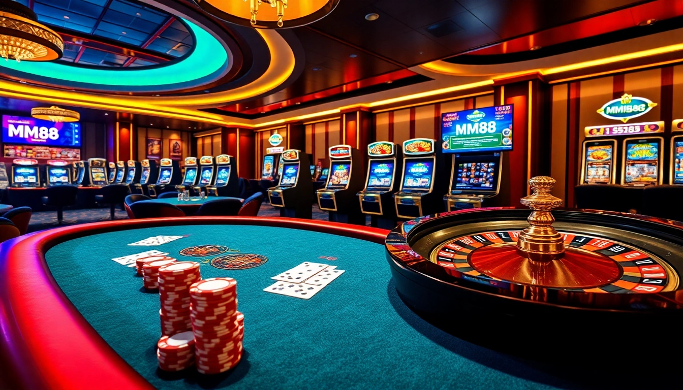 Gamblers enjoying MM88's exciting online casino experience at luxurious poker and roulette tables.