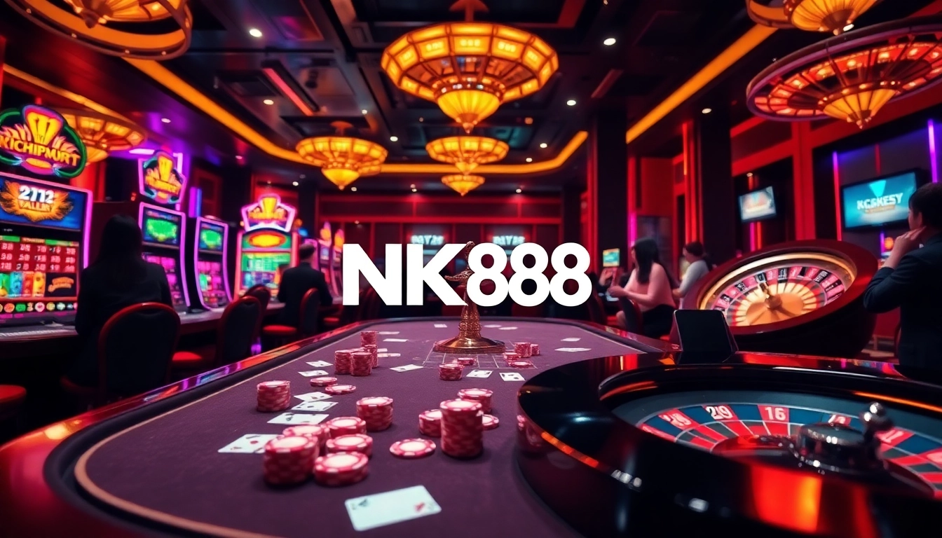 Experience the thrill of gambling at NK88 with vibrant casino tables and excited players.
