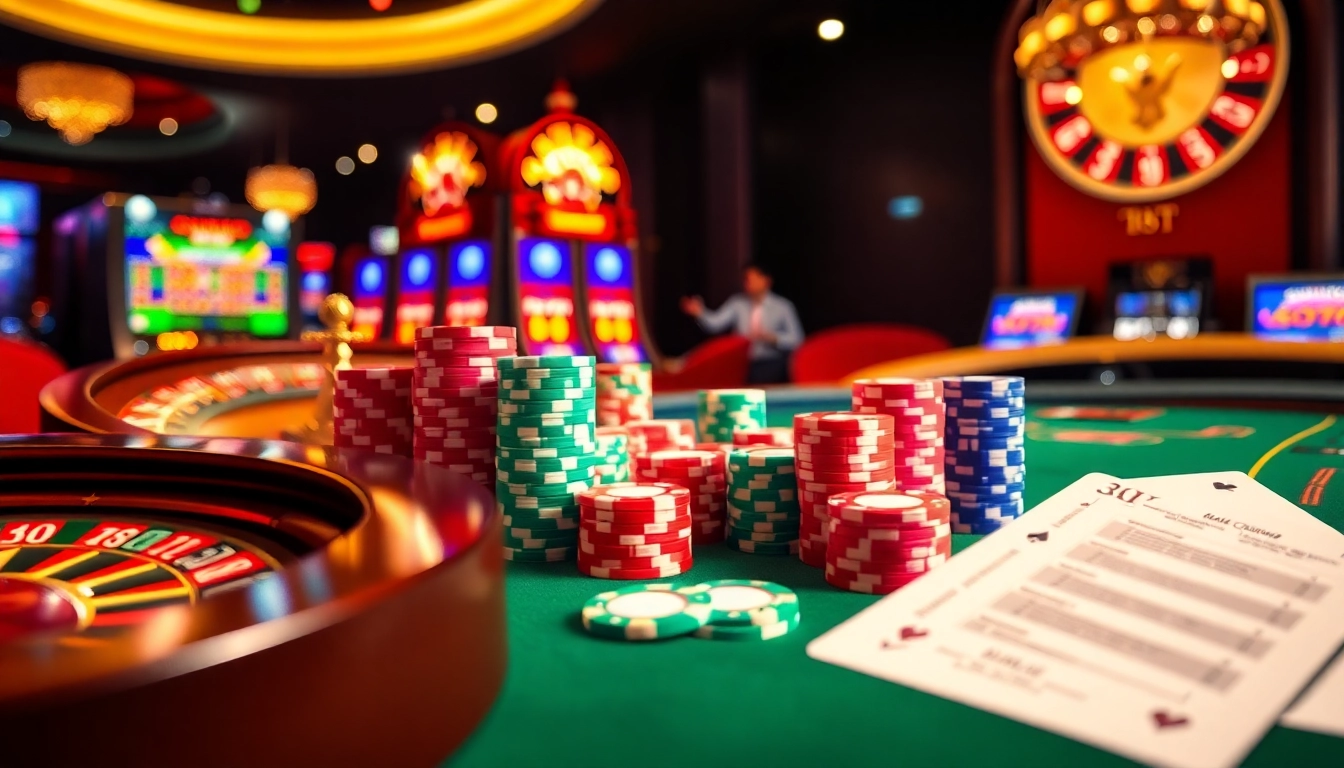 Exciting poker action at 79king casino with vibrant chips, cards, and roulette life.