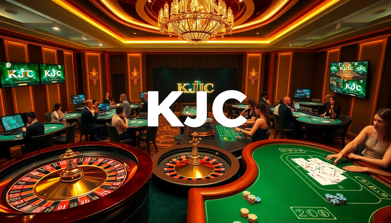 KJC branding shines in a luxury casino scene with roulette wheels and excited players.