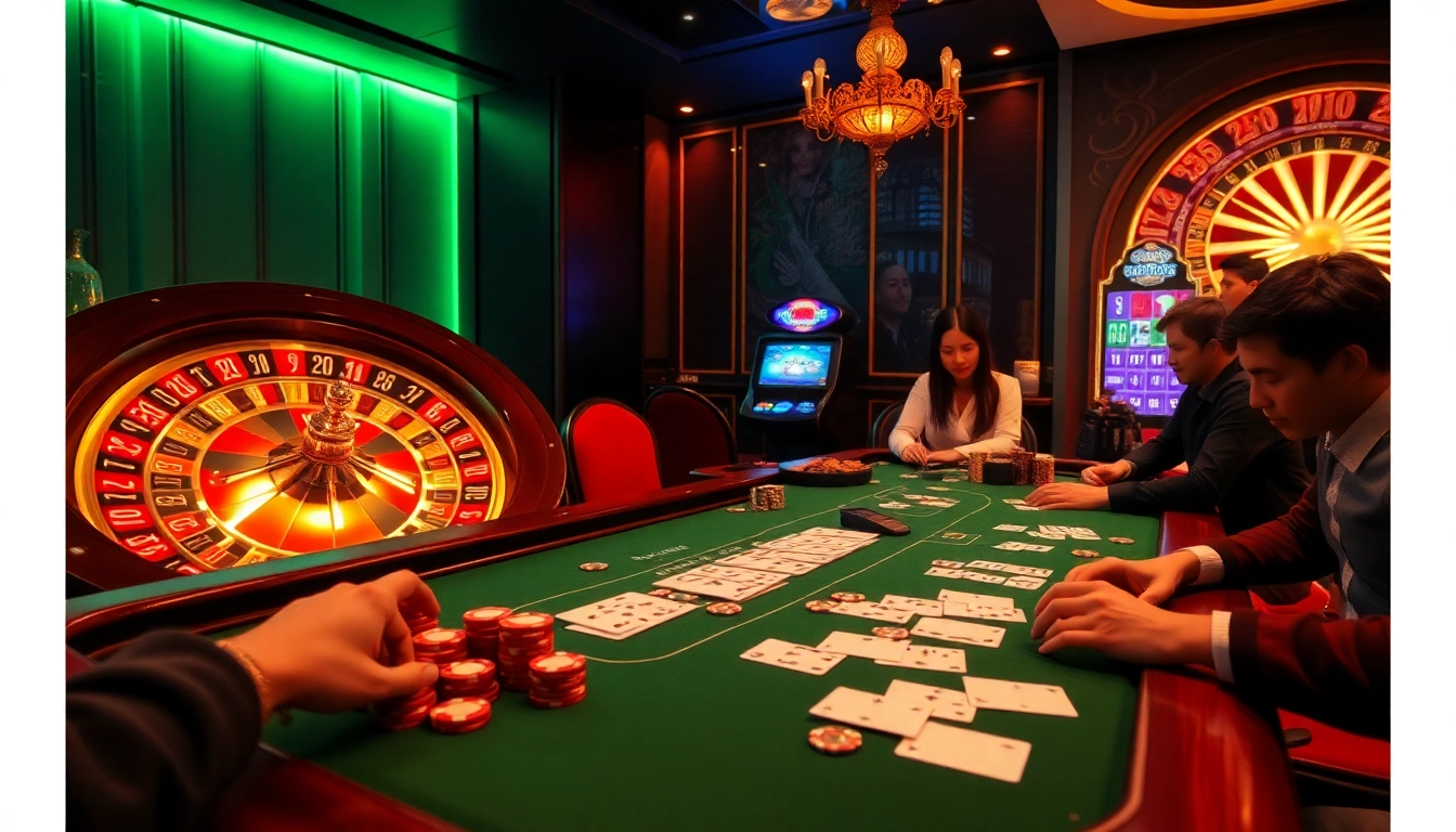 Players betting at a luxurious casino poker table, showcasing the nk88 excitement.