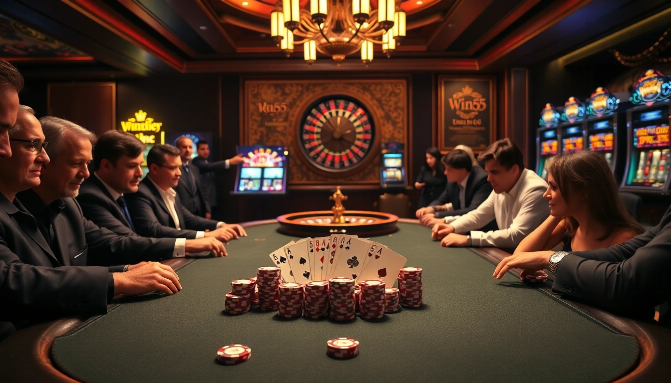 Experience the thrill of gambling with win55 at a luxurious poker table in a vibrant casino atmosphere.